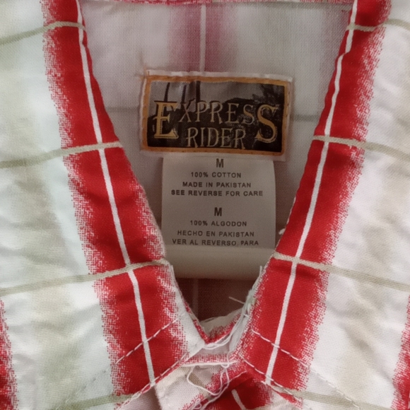 EXPRESS RIDER COWBOY M COTTON SNAP DOWN SHORT SLEEVE RED/WHITE POCKETS - Picture 3 of 3
